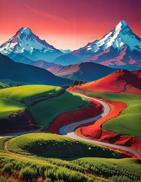 professional photograph of a dimpled landscape  by  James Gilleard and Peter Doig and richard avedon , bold lines, hyper detailed, dark limited palette, dramatic lighting,  (intricate details, masterpiece, best quality:1.4), red chili, basil, mt hood
