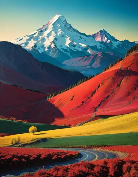 professional photograph of a dimpled landscape  by  James Gilleard and Peter Doig and richard avedon , bold lines, hyper detailed, dark limited palette, dramatic lighting,  (intricate details, masterpiece, best quality:1.4), red chili, basil, mt hood
