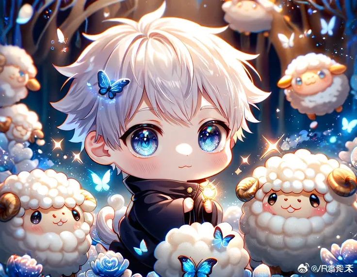 absurdres, highres, ultra detailed, hdr, master piece, best quality, extremely detailed, gojou satoru chibi, white hair, express...