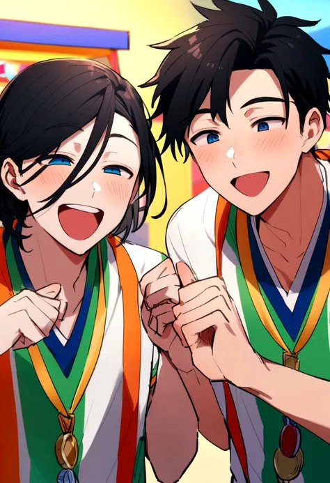 A handsome 18-year-old boy with slanted eyes and black hair is happy after winning the jackpot in a medal game at an arcade.、A beautiful 18-year-old boy with lapis lazuli eyes and center-parted black hair, enjoying the same medal game.