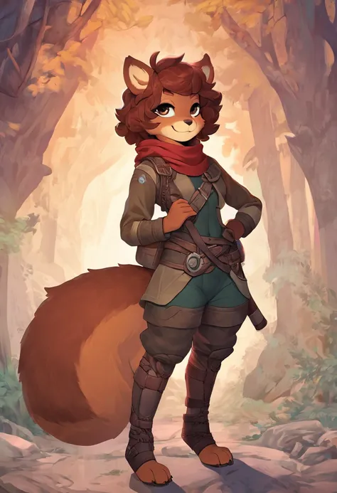 Best quality, Super detailed illustration, (fluffy squirrel boy:1.4) , feminine face and body, disheveled thick hair, Adventurer Equipment,  smug smile, Half-closed eyes , Femboy, small waist, wide hips, Slim, Perfect body, DND style