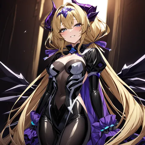 ((Highest quality)), ((masterpiece)), (detailed), （Perfect Face）、The woman is a naked demon queen, Devil Queen Exia Spica, wearing a shiny black full-body bodysuit decorated with gold, a sexy female demon, Devil Queen Exia Spica、The woman is a female demon...