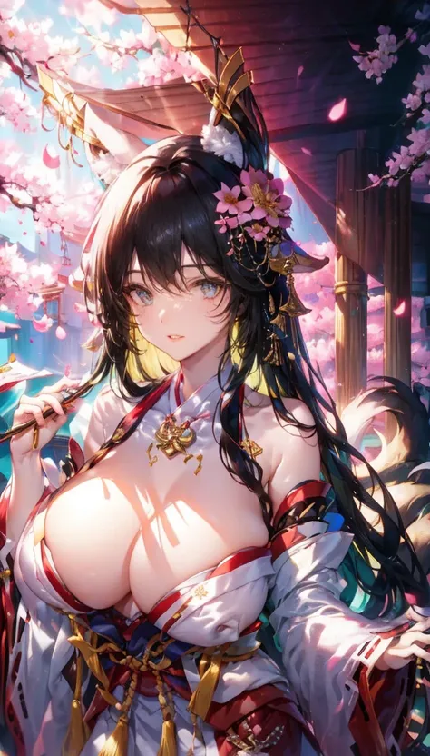 yae Miko, 1 girl, n/, animal ears, bare shoulders, Blush, chest, cherry blossoms, gag, arms separated, earring, flower, fox ears, gem, hair between the eyes, decorationsผม, Raise your hand, Japanese clothes, decorations, kimono, long hair, look at viewer, ...