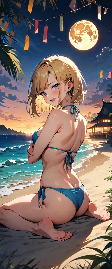 (masterpiece, best quality:1.2), full body, 1girl, (solo), Android 18 from Dragon Ball, ((string bikini, paste bikini, side-tie bikini bottom)), (wariza, sitting), medium breasts, blunt bangs, short blonde hair, (blue eyes), earrings on earlobes, slim, sle...