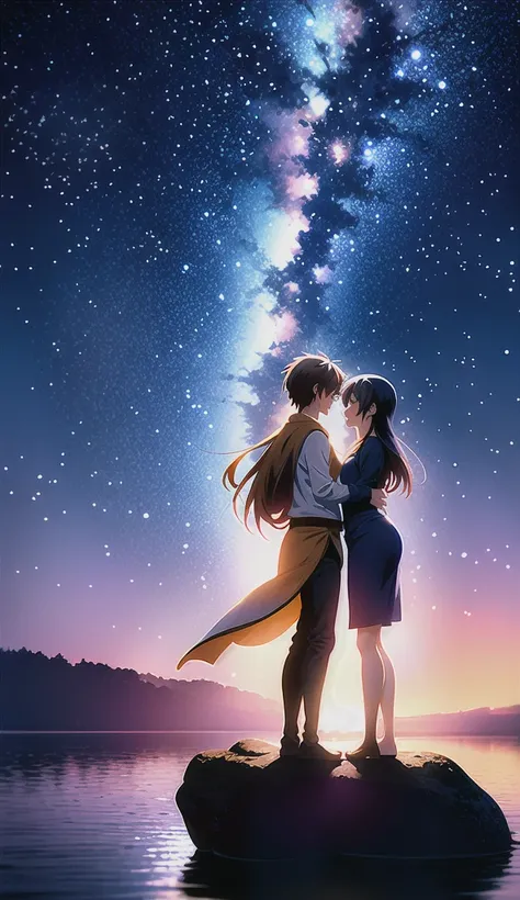 anime scenery of two people standing on a rock looking at the sky, cosmic skies. by makoto shinkai, makoto shinkai cyril rolando, beautiful anime scene, anime sky, anime art wallpaper 4 k, anime art wallpaper 4k, anime art wallpaper 8 k, anime beautiful pe...