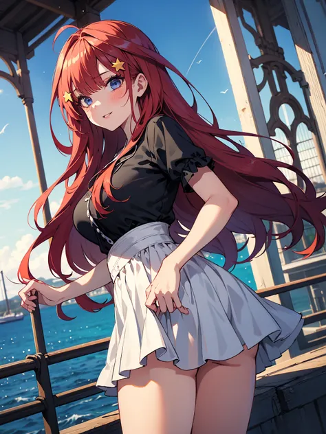 Very detailed, highest quality, masterpiece, gravure body type, medium breasts, moody angle, cowboy shot,( 1girl, solo:1.5), aaitsuki, long hair, ahoge, star hair ornament,( Date, Date outfits, casual), skirt, happy, very detailed background, day, sky, The...