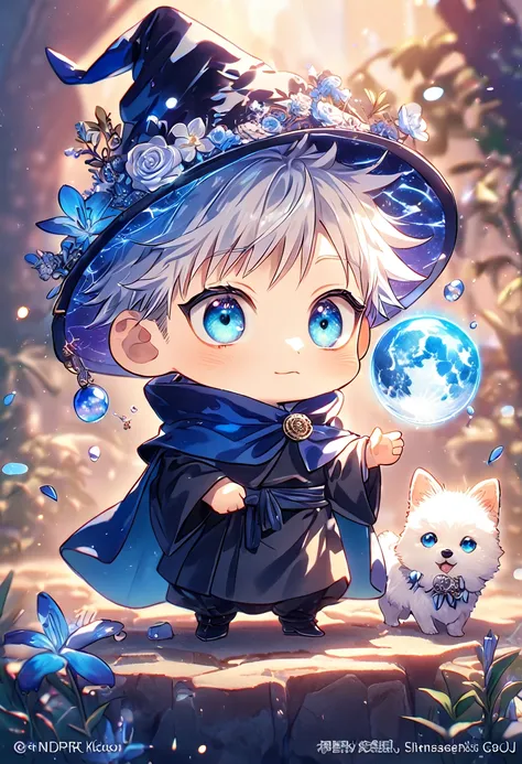 absurdres, highres, ultra detailed, HDR, master piece, Gojou Satoru chibi, white hair, expressive blue eyes, white eyelashes, small dog, white dog, expressive blue eyes, Jujutsu Kaisen, magical hat, cute, best quality, blue moon, flowers, fantasy, magical,...