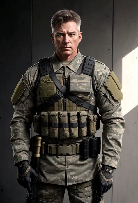 RAISE A 50 YEAR OLD MAN, military style, masculine,realisitic,4K, face shown,express face,detailded,full body shown,white male,soldier&#39;s body,body with weapons,only one person,full body shown, showing the whole body, no symbols on the chest , no emblem...