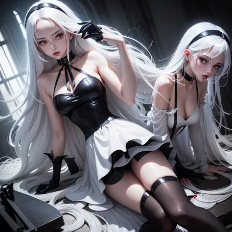 woman in white tight knee-length dress, long white hair, red eyes, blue lips, black gloves, black choker, black headband, black stockings, blue grimoire