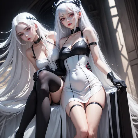 woman in white tight knee-length dress, long white hair, red eyes, blue lips, black gloves, black choker, black headband, black stockings, blue grimoire