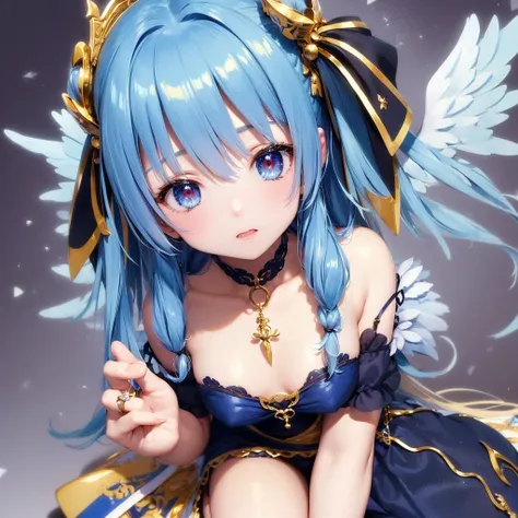 (Little:1.2)、（masterpiece:1.4）、（Highest quality：1.4)、（Very cute angel girl、Ultra detailed face、Jewel-like eyes、Blue very long twin tails:1.4）、（Angel Ring：
1.4）、（Angel Wings：1.4）、Optics、shine、Bokeh、Ultra-fine、(((Blue Hair)))、Golden decoration