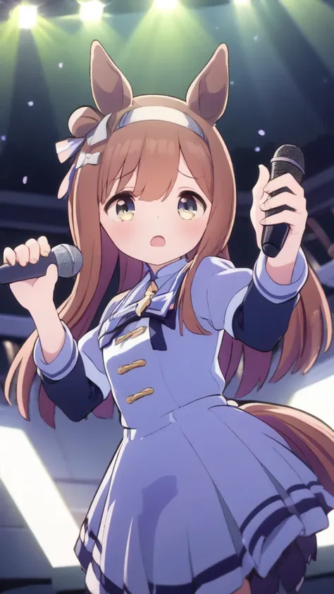 two girls, smart falconsilence suzuka, horse girl, live house, hold the microphone, audience holding penlights in the background...