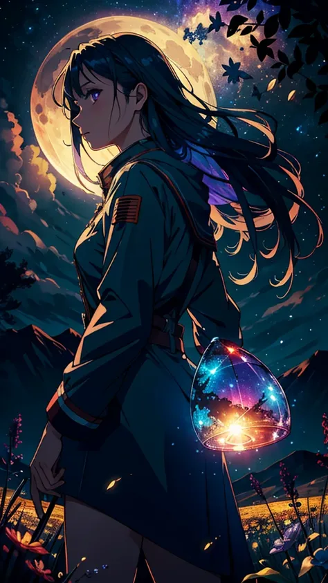 expansive landscape photograph , (a view from below that shows sky above and open field below), a girl standing on flower field looking up, (full moon:1.2), ( shooting stars:0.9), (nebula:1.3), distant mountain, tree BREAK
production art, (warm light sourc...