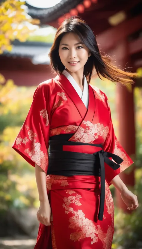 dynamic action shots, beautiful asian woman, she is wearing red samurai armor and a yukata.、don&#39;t have a weapon, she is tall...