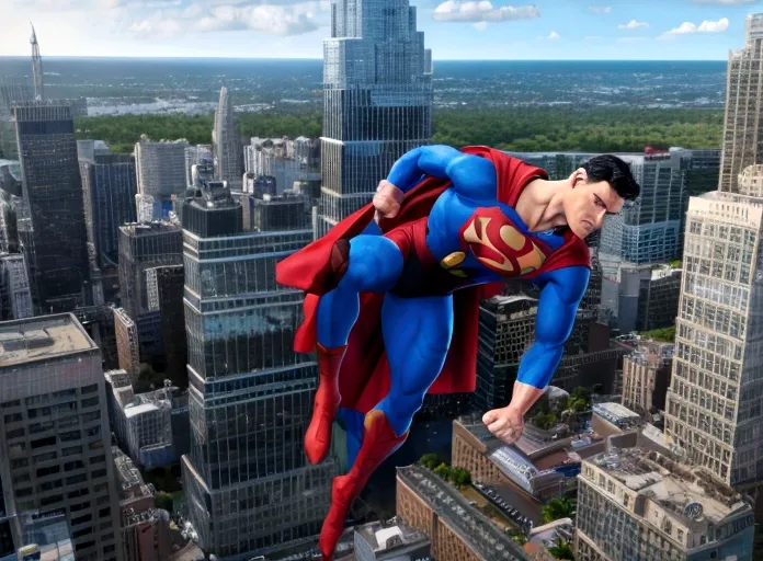 (highres, realistic:1.37), superman flying over a bustling city,