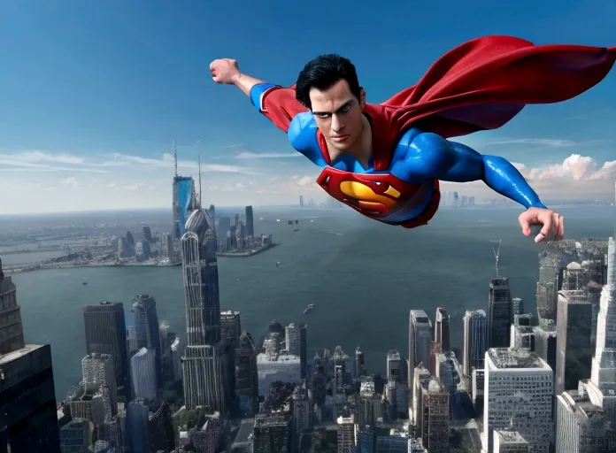 (highres, realistic:1.37), superman flying over a bustling city,