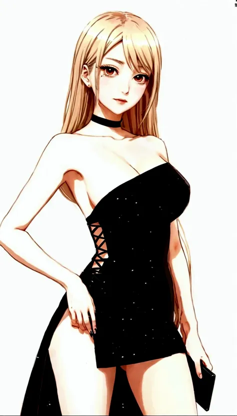 a woman in a black dress with a black purse, anime girl wearing a black dress, ( ( misa amane # ) ),  marin kitagawa *, seductiv...