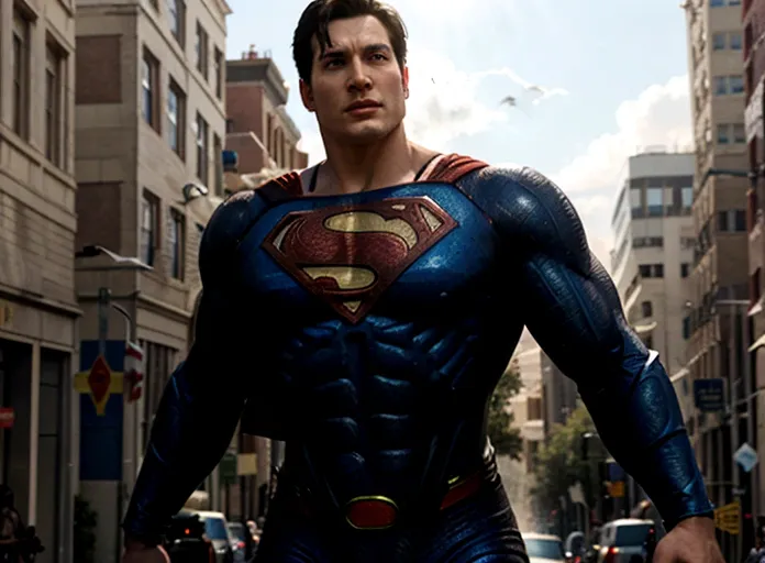 realistic superman flies toward a big robot in the street