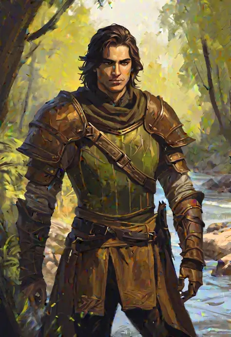 digitalpainting, pictorial \(styled\), male rogue from the elder scrolls series, trunk, portraite, a4, short dark hair, golden e...