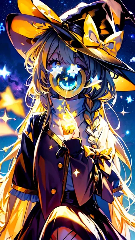 (best image quality), blonde_hair, length_hair, have, witch_have, bow, yellow_eye, braiding, single_braiding, have_bow, smile, h...