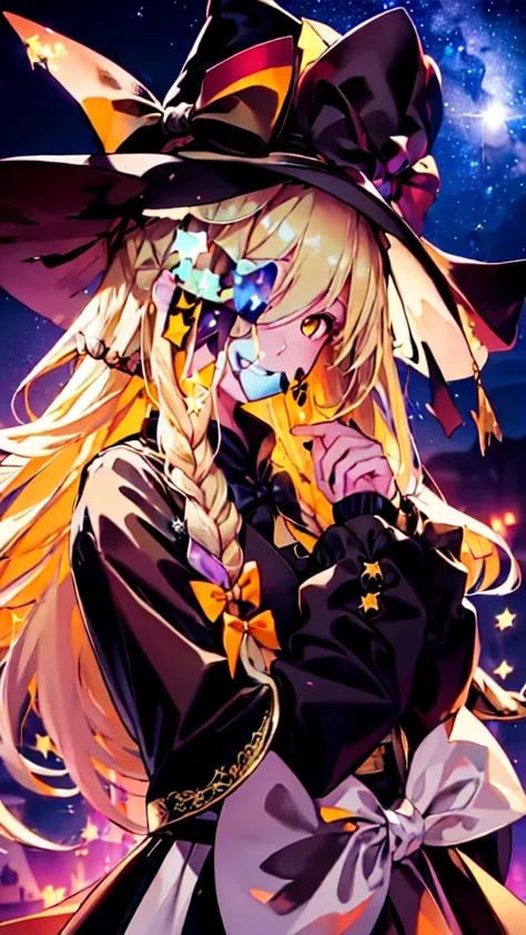 (best image quality), blonde_hair, length_hair, have, witch_have, bow, yellow_eye, braiding, single_braiding, have_bow, smile, h...