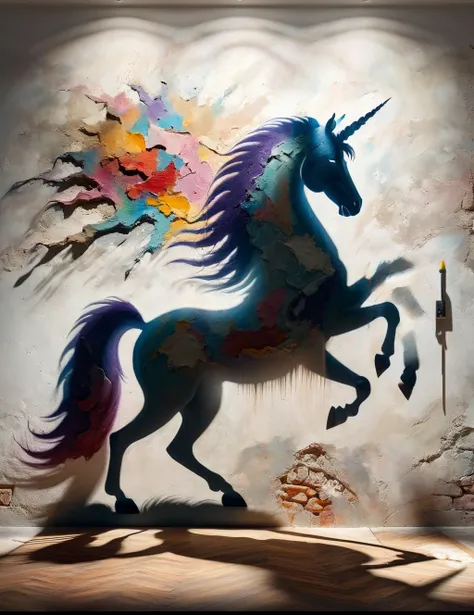 DonM5h4d0w5XL Palette knife shadow on wall, unicorn, 