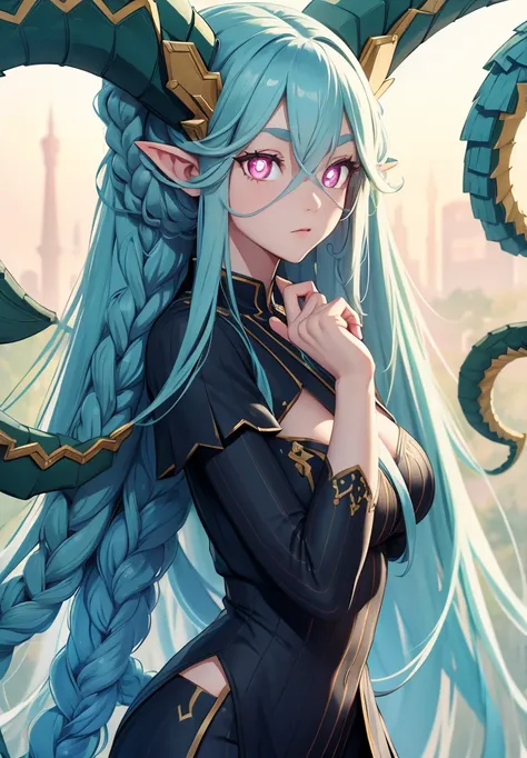 tiamat, tiamat, absurdly long hair, aqua hair, braid, curled horns, gradient hair, horns, long horns, multicolored hair, pink ey...