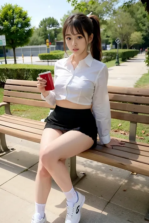 female college student、recruitment suit、thin legs、ponytail、ribbon、skinny、slim、((tight mini skirt))sitting on a park bench、knees ...