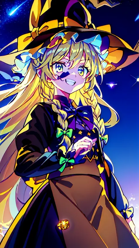 (best image quality), blonde_hair, length_hair, have, witch_have, bow, yellow_eye, braiding, single_braiding, have_bow, smile, h...