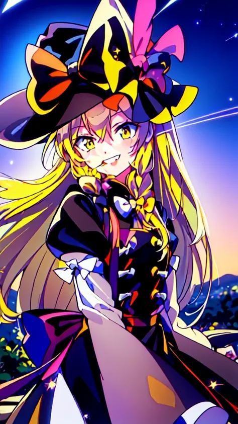 (best image quality), blonde_hair, length_hair, have, witch_have, bow, yellow_eye, braiding, single_braiding, have_bow, smile, h...