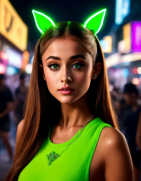 ariana grande, beautiful detailed eyes, beautiful detailed lips, extremely detailed eyes and face, long eyelashes, neon green rave outfit, Carrying green glow stick wands and wearing glowing jewelry, walking on street at night in bangkok leading people to ...