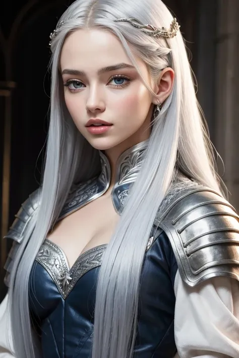 ((melhor qualidade)), ((Obra de arte)), (detalhado), An extremely beautiful girl, daughter of Lyanna Stark and Rhaegar Targaryen, With lilac blue eyes and a few small strands of silver hair