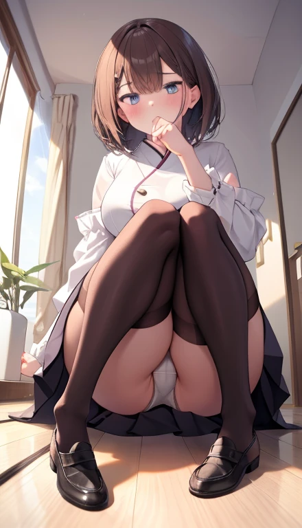 One Girl、Positive、Configuration from below、Full body portrait、Brown haired、Medium Haircut、blush、Absolute area、Knee socks、Knee-length、stockings、pantyhose、レースpantyhose、White underwear、No shoes、White pleated skirt、、Japanese high 、Summer clothes、Inside the hou...