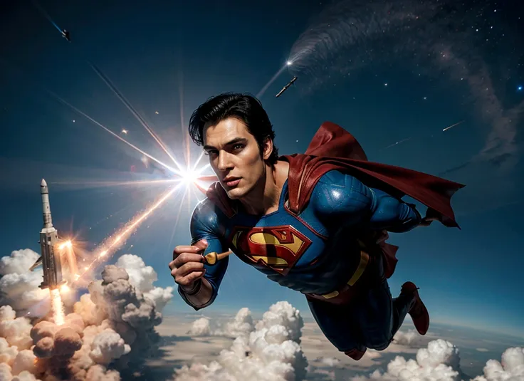 superman flys into space holding a rocket