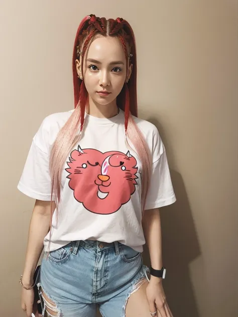 beautiful woman with red braids, pink t-shirt, jeans, white sneakers.