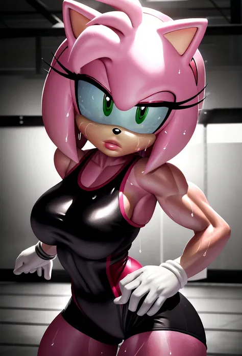 a sexy female wrestler, Amy Rose, muscular athletic body, beautiful detailed eyes, beautiful detailed lips, extremely detailed face and skin, long eyelashes, athletic pose, grappling another female wrestler, sweating, tight wrestling outfit, dynamic action...