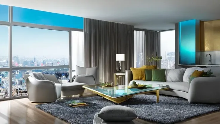 Imagine a futuristic apartment bathed in a visionary blend of cool triadic color schemes, accented by metallic silver and warm gold. Holographic flora and fauna create a serene atmosphere. In the foreground, a sleek chrome exoskeleton with a bioluminescent...