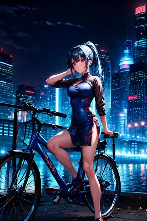 1girl, ponytail, blue hair, blue eyes, china dress, night view, rides a bicycle,