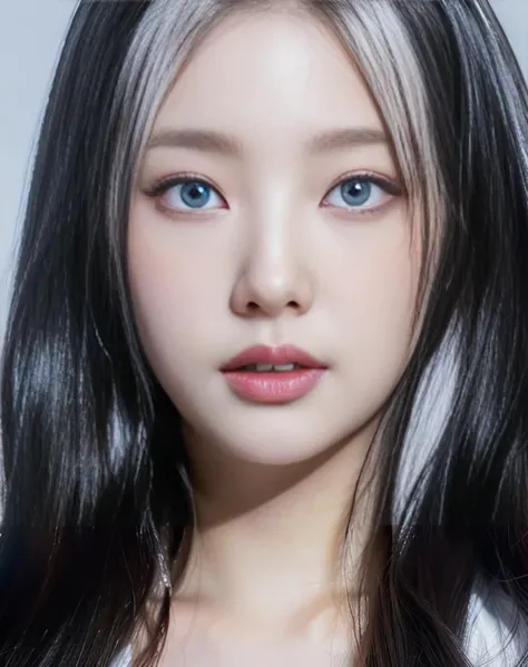 a close-up of a woman with long hair with deep blue eyes, black and white hair, pale porcelain white skin, white skin and reflec...