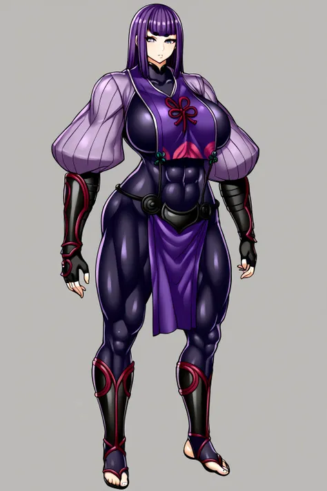 shuten boy, parted bangs, purple eyes, purple hair, long hair, hime cut, forehead, arm guards, armor, black gloves, bodysuit, fi...