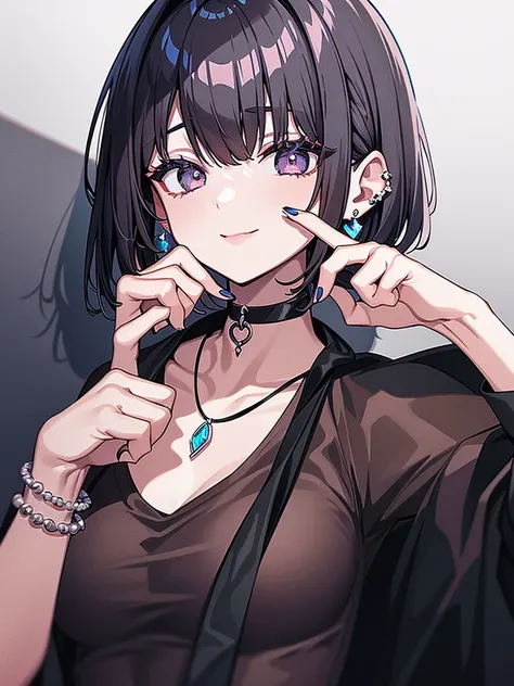 Piriyon, alone, One girl, 黒いnail, jewelry, short hair, View your viewers, choker, necklace, put your hand on your face, Earrings, White Background, heart, Mouth closed, Grey Eyes, Manicure, Simple Background, Grey Hair, ear Earrings, black choker, smile, e...