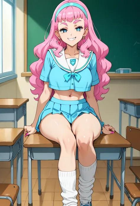 score_9, score_8_up, score_7_up, 1girl, Laura la Mer, slutty_clothes, gyaru, pink hair, blue eyes, pink eyebrows, long hair, blue hairband, smile, smug, navel, serafuku, loose socks, sitting, classroom, pale skin