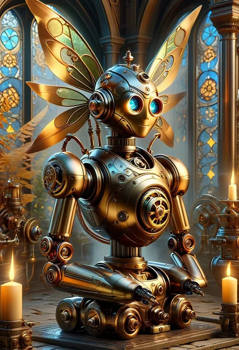 A robotic clockwork fairy. All bronze, gears, crAFTSMAN STYLE. GLASS WINGS. masterpiece, best quality, highly detailed, solo, looking at viewer, smile, mechaical face. Ultra HD, Rococo-Inspired Fantasy Art With Intricate Details. Cute, Charming Expression,...