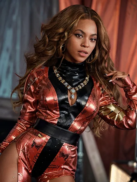 beyonce768, close-up portrait, turtleneck, retro 1970s jumpsuit with vibrant prints and flared legs., photo, trending on artstat...