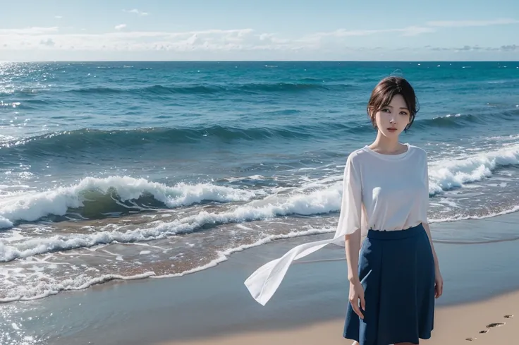 8K, 35 year old Korean woman, Inspired by Son Ye-jin. realistic, lifelike photo, Realistic appearance of nature, , blue. calm waves. Viewed from a distance with a wide-angle lens , wore a light skirt. Front view of a beautiful woman, , 1 woman, Short hair ...