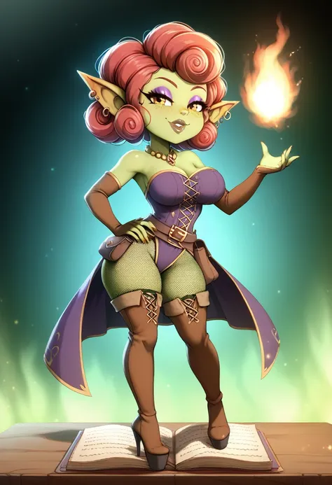 girl, goblin girl, goblin, green skin, short, short stature, short hair, red hair, curly hair, large breasts, long gloves, thigh...