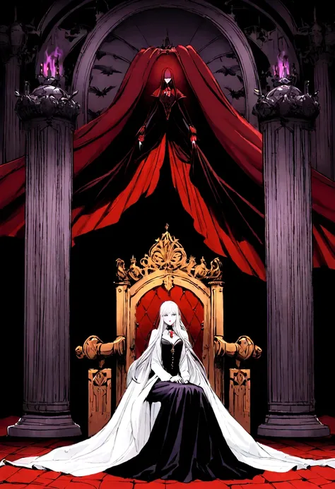 Description of Dracula, the Primordial Vampire, sitting on her throne:She is sitting on her throne in the main hall of the palace, emanating a presence that inspires both awe and fascination. Her snow-white hair falls in silky waves over her shoulders., co...