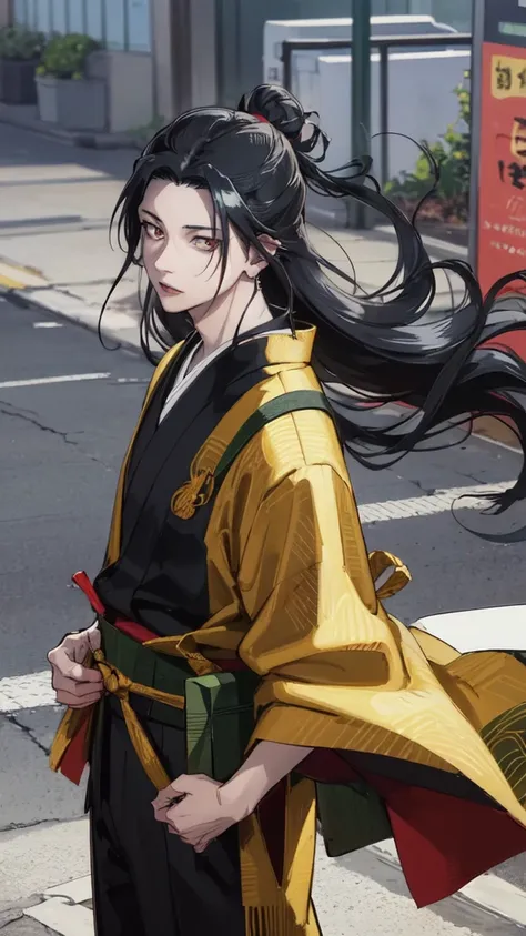 character of a person with black hair, long aga, brown eyes, handsome face, wearing a kimono. named "suguru geto" in the anime s...