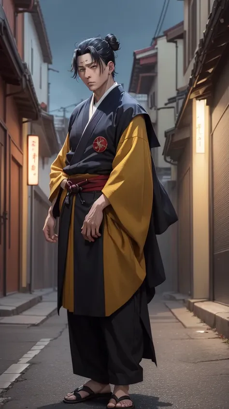 character of a person with black hair, long aga, brown eyes, handsome face, wearing a kimono. named "suguru geto" in the anime s...