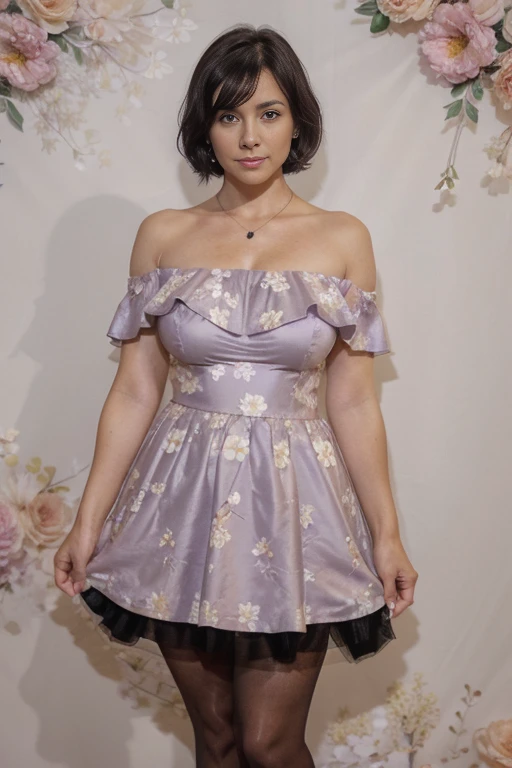 40 year old woman White Skin, (rebonded short black hair). 

Pantyhose. (Floral dress on off-shoulder Purple background, Different color underskirt outfit, on off-shoulder), breast cleavage, 40 year old breasts. Pantyhose black.

necklace, jewelry.

face l...